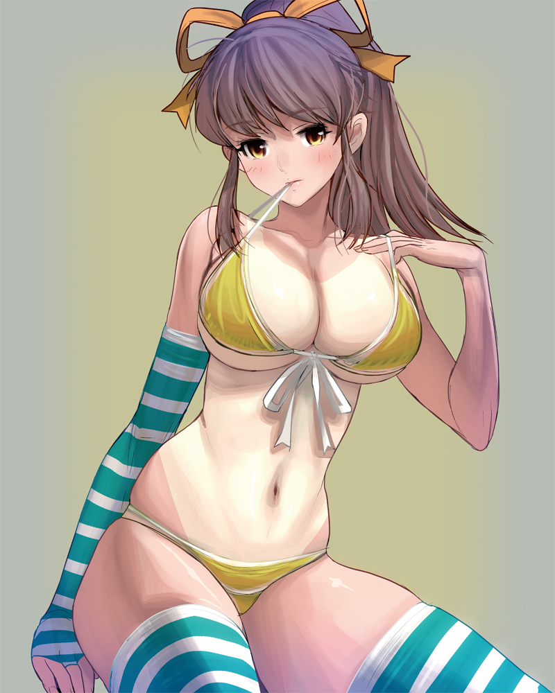 bikini breasts brown_eyes cleavage cowboy_shot elbow_gloves fingerless_gloves gloves grey_hair hair_ribbon large_breasts long_hair looking_at_viewer masao mouth_hold navel original ponytail ribbon ribbon_in_mouth single_glove sitting solo strap_pull striped striped_gloves striped_legwear swimsuit tan tanline thighhighs underboob yellow_bikini