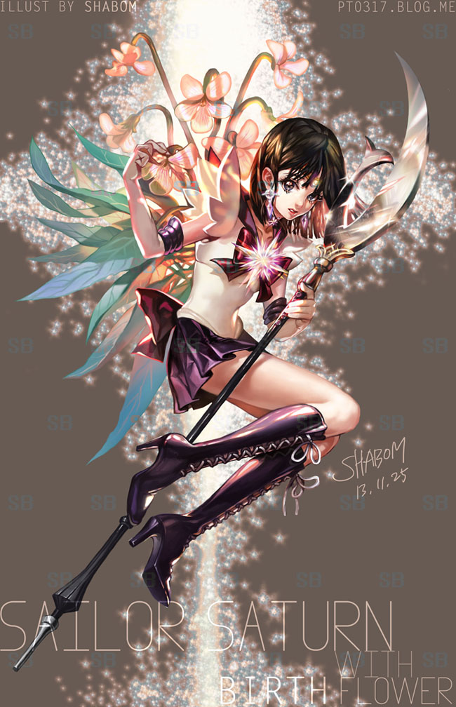 2013 artist_name back_bow bishoujo_senshi_sailor_moon black_bow black_hair boots bow brooch character_name choker cross-laced_footwear dated earrings elbow_gloves flower full_body gloves holding holding_spear holding_weapon jewelry knee_boots lace-up_boots magical_girl polearm purple_eyes purple_footwear purple_sailor_collar purple_skirt ribbon sailor_collar sailor_saturn sailor_senshi_uniform shabomu short_hair signature silence_glaive skirt solo spear star star_choker tiara tomoe_hotaru weapon white_gloves