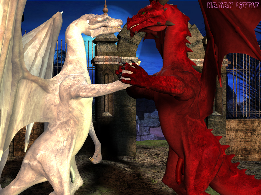balls cgi claws closed_mouth couple cute dragon eye_contact flaccid flaccid_penis gay green_eyes hand_holding horn love male nayanlittle night penis red_dragon red_scales romantic scales scalie smile teeth western_dragon white_dragon white_scales wings