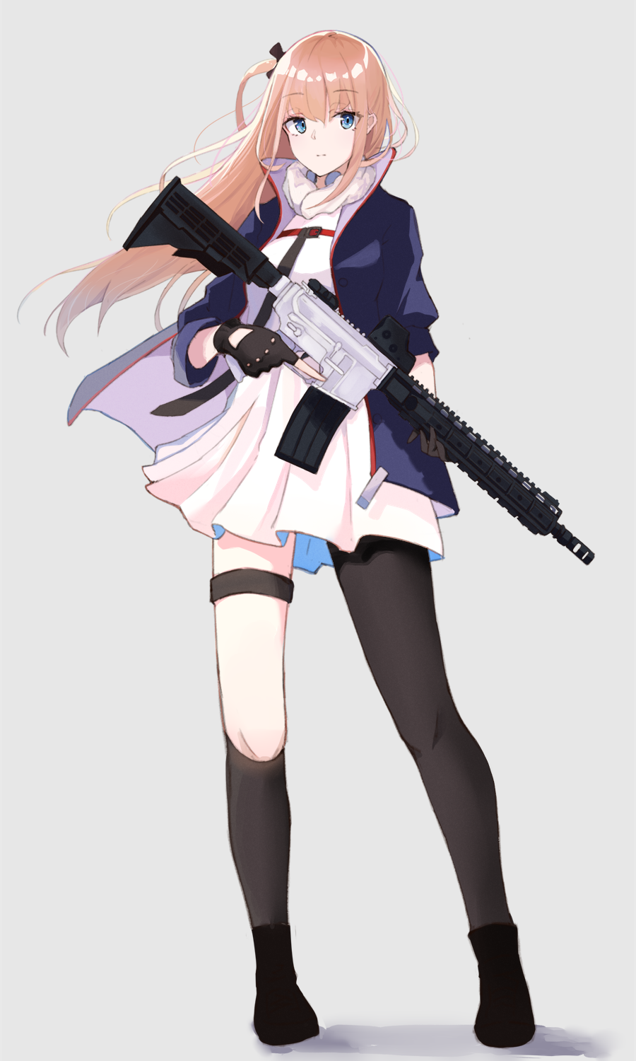 1girl ar-15 asymmetrical_gloves asymmetrical_legwear bangs black_bow black_gloves black_legwear blue_eyes blue_jacket bow brown_hair dress eyebrows_visible_through_hair fingerless_gloves floating_hair full_body girls_frontline gloves grey_background gun hair_bow highres holding holding_gun holding_weapon hyakunin_momoko index_finger_raised jacket kneehighs long_hair one_side_up open_clothes open_jacket pleated_dress rifle shiny shiny_hair short_dress simple_background single_kneehigh single_pantyhose solo st_ar-15_(girls_frontline) standing thigh_strap very_long_hair weapon white_dress