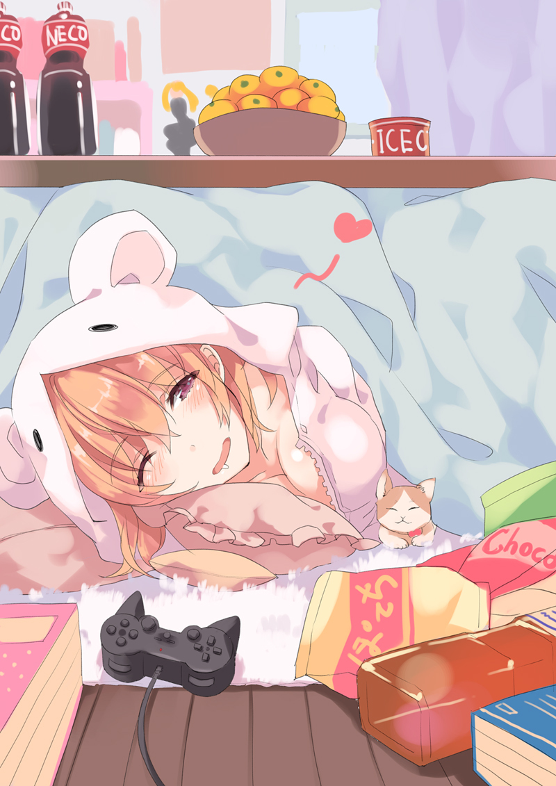 1girl animal_ears artist_request blanket bowl breasts cat chips cleavage drooling food fruit fruit_bowl heart looking_at_viewer open_mouth orange orange_hair oranges pillow playstation_2 snack snacks source_request