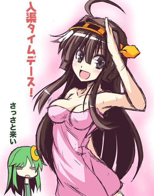 =_= ahoge arm_up breasts brown_hair cleavage crescent green_hair grey_eyes hairband ichimi kantai_collection kongou_(kantai_collection) medium_breasts multiple_girls nagatsuki_(kantai_collection) naked_towel open_mouth sketch smile towel translated