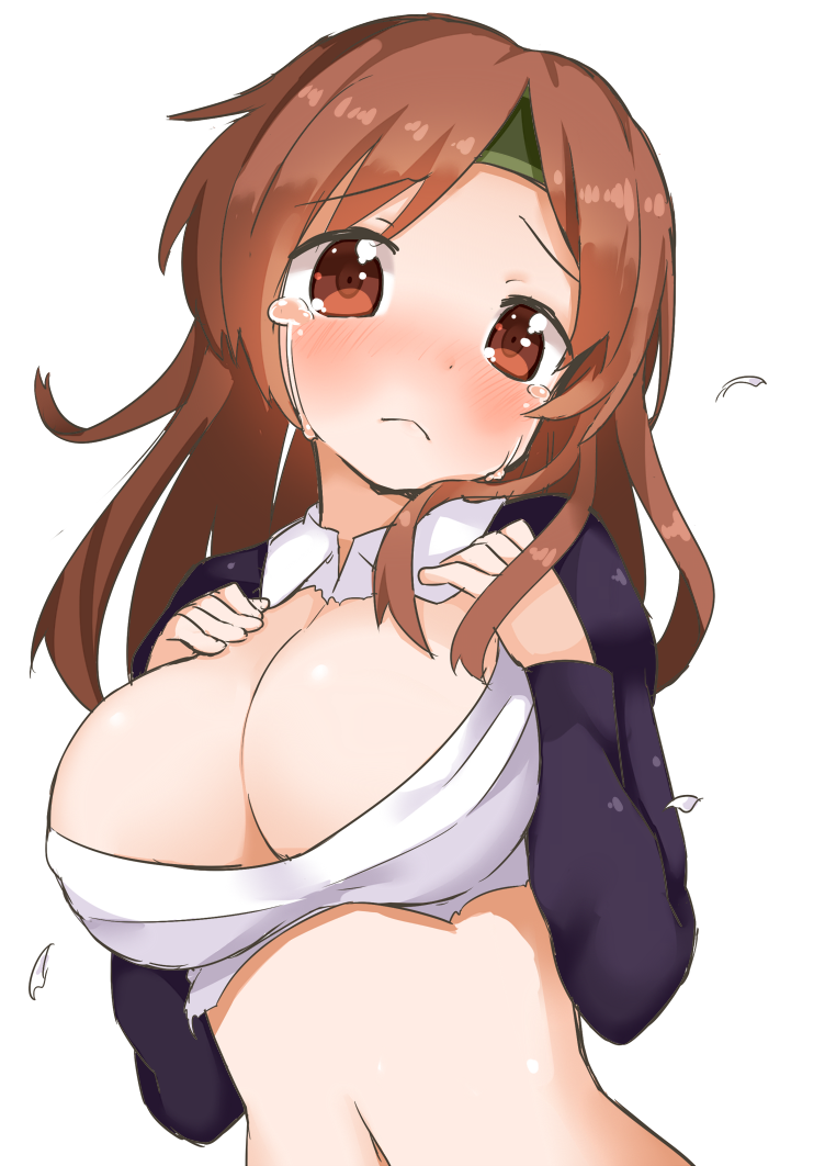 blush breasts brown_eyes brown_hair chiyoda_(kantai_collection) cleavage full-face_blush headband kantai_collection large_breasts long_hair looking_at_viewer muku_(muku-coffee) navel shiny shiny_skin simple_background solo tears torn_clothes white_background
