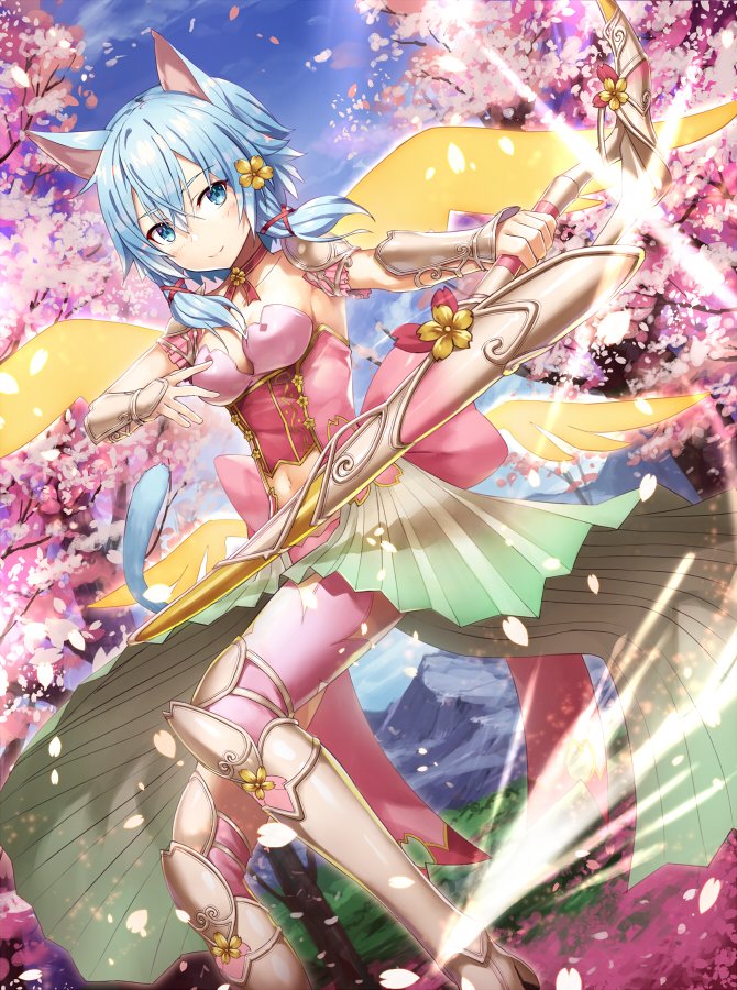 1girl animal_ears blue_hair blue_sky bow_(weapon) breasts cape cat_ears cat_tail cherry_blossoms cleavage day dutch_angle flower gabiran green_cape hair_flower hair_ornament hair_ribbon holding holding_bow_(weapon) holding_weapon indoors midriff navel pink_legwear pink_ribbon ribbon short_hair_with_long_locks shoulder_armor sidelocks sinon_(sao-alo) sky small_breasts solo spaulders stomach sword_art_online tail thighhighs waist_cape weapon yellow_flower yellow_wings