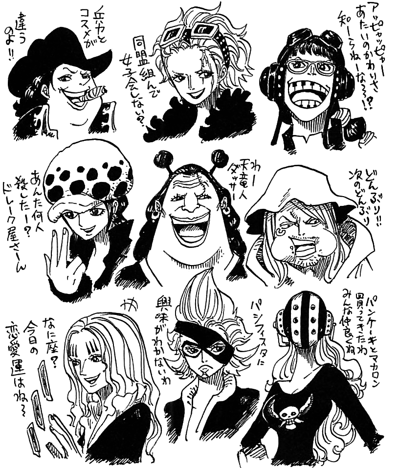 6+girls anti-eyebrow_piercing basil_hawkins breasts capone_gang_bege cigar earrings eating eleven_supernova eustass_captain_kid eyelashes facial_hair genderswap genderswap_(ftm) genderswap_(mtf) glasses goggles goggles_on_head greyscale happy hat headphones high_collar jewelry jewelry_bonney jolly_roger killer_(one_piece) long_hair mask medium_breasts monochrome multi-tied_hair multiple_girls non-web_source oda_eiichirou official_art one_piece piercing portrait scar scar_across_eye scratchmen_apoo short_hair simple_background skull_and_crossed_swords smile smoking stubble tarot tattoo trafalgar_law translation_request urouge what_if white_background x_drake
