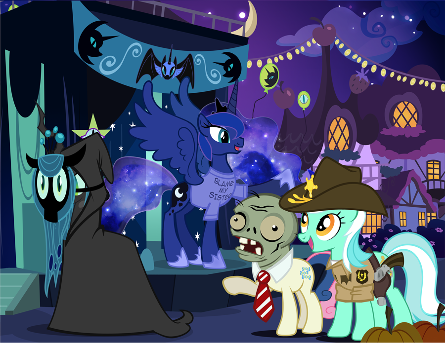 amber_eyes blue_eyes bonbon_(mlp) bottomless cloak clothing coat cowboy_hat cutie_mark equine female friendship_is_magic green_eyes green_hair group gun hair hat holster horn horse lyra_(mlp) lyra_heartstrings_(mlp) mammal mask multi-colored_hair my_little_pony night open_mouth pixelkitties plants_vs_zombies pony princess_luna_(mlp) queen_chrysalis_(mlp) ranged_weapon shirt the_walking_dead two_tone_hair undead unicorn weapon winged_unicorn wings zombie