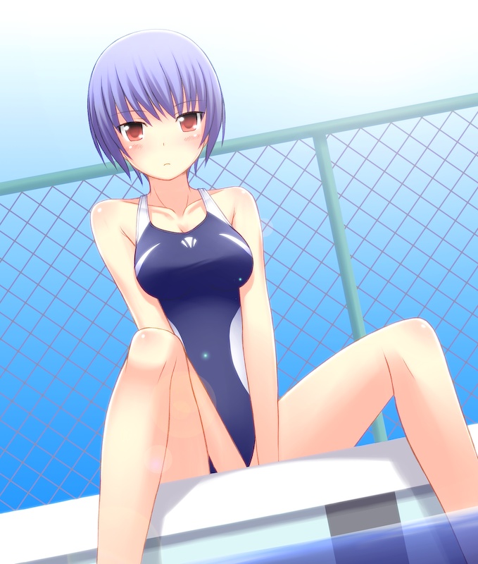 bad_id bad_nicoseiga_id bangs bare_arms bare_legs bare_shoulders blush breasts chain-link_fence collarbone competition_swimsuit day dutch_angle eyebrows_visible_through_hair fence frown looking_at_viewer medium_breasts one-piece_swimsuit orange_eyes original outdoors poolside purple_hair short_hair sitting soaking_feet solo swimsuit v_arms water yousugaoka_shii