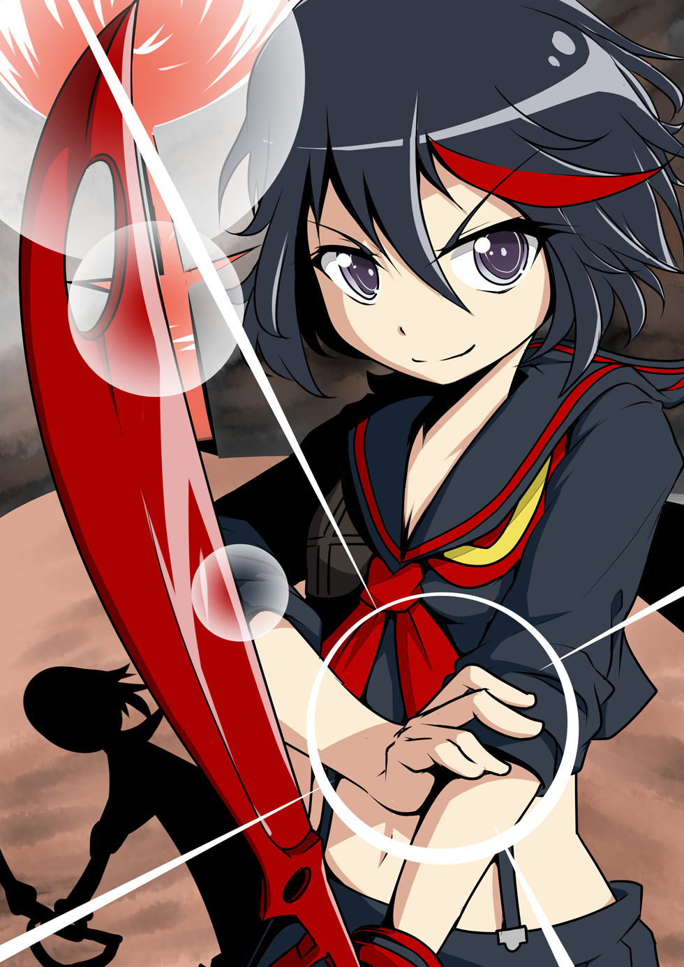 black_hair carillus glint gloves highres kill_la_kill matoi_ryuuko midriff navel purple_eyes red_hair school_uniform scissor_blade senketsu shadow short_hair single_glove skirt smile suspenders sword weapon