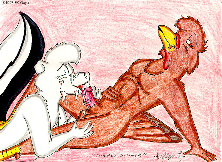 anthro avian balls beak brown_eyes brown_feathers cum cum_on_face cum_on_tongue duo ek_goya erection eyes_closed fur gay happy happy_sex interspecies leaning leaning_back licking male mammal mustelid nude oral oral_sex penis reverse_skunk sex simple_background skunk tongue tongue_out toony turkey white_fur