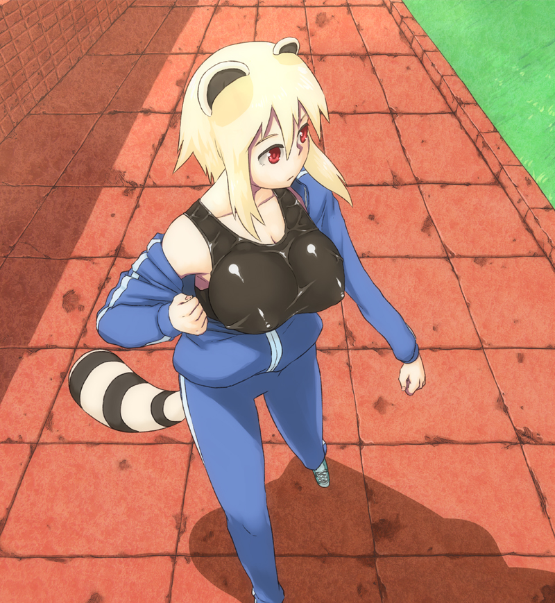 animal_ears araiguma-san blonde_hair breasts covered_nipples expressionless from_above jacket large_breasts off_shoulder original raccoon_ears raccoon_tail red_eyes running shiny shiny_clothes shoes short_hair sidelocks sneakers solo tail taut_clothes track_jacket track_suit tsukudani_(coke-buta)