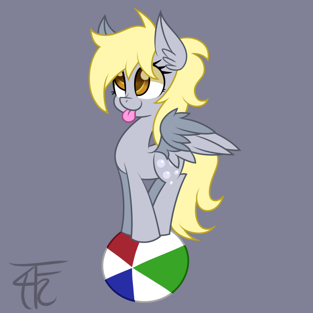 ball blonde_hair cutie_mark derpy_hooves_(mlp) equine female feral friendship_is_magic fur grey_background grey_fur hair horse long_hair mammal my_little_pony pegasus plain_background pony smile solo tongue tongue_out wildberry-poptart wings yellow_eyes