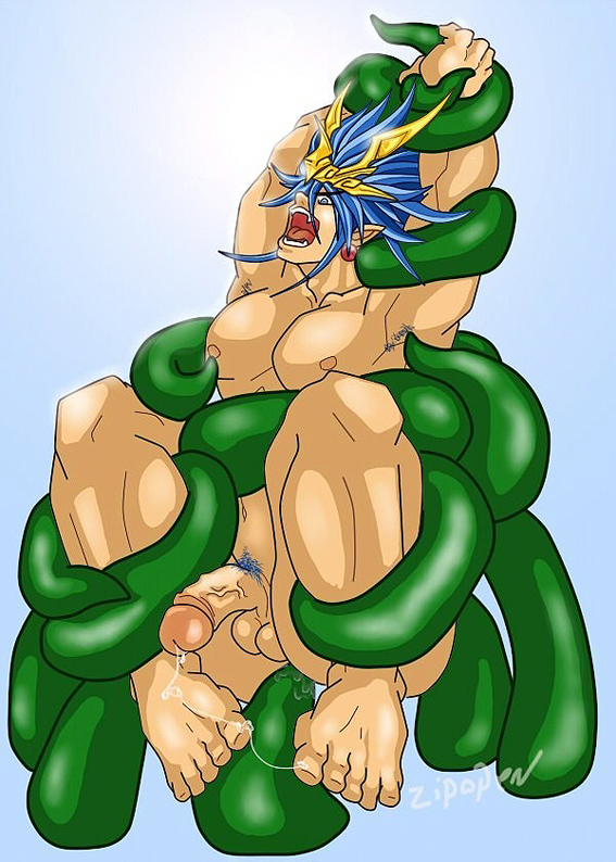 1boy barefoot blue_hair bracelet cho_aniki cho_aniki_zero cum cummed idaten jewelry manly muscle penis tentacle yaoi