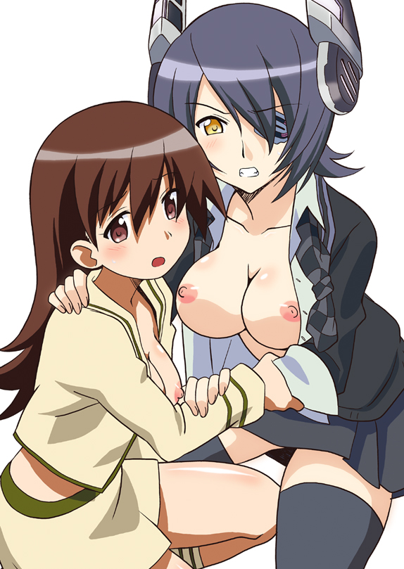 blue_hair breasts brown_eyes brown_hair checkered checkered_neckwear eyepatch headgear kantai_collection large_breasts looking_at_viewer multiple_girls necktie nipples ooi_(kantai_collection) open_clothes open_mouth open_shirt remodel_(kantai_collection) shirakawa_mayumi shirt tenryuu_(kantai_collection) thighhighs yellow_eyes