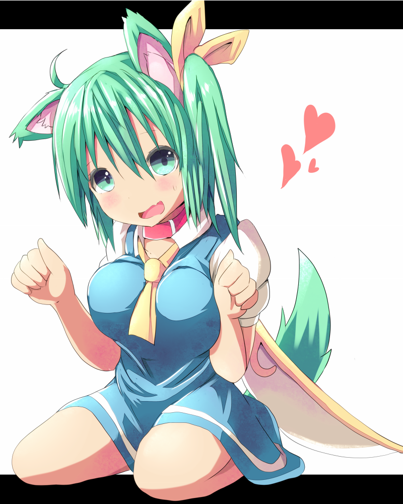 animal_ears blue_skirt blush breasts collar daiyousei dog_ears dog_tail green_eyes green_hair heart kemonomimi_mode kuromu_(underporno) large_breasts letterboxed looking_at_viewer open_mouth short_hair side_ponytail skirt solo tail touhou wings