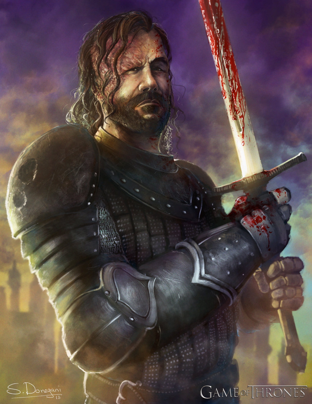 2013 a_song_of_ice_and_fire armor beard belt blood blood_on_face bloody_hands bloody_weapon brown_hair chainmail cloud cloudy_sky copyright_name facial_hair full_armor game_of_thrones gauntlets highres long_hair looking_at_viewer male_focus manly photorealistic realistic sandor_clegane scar shoulder_armor signature silhouette sky solo spaulders steven_donegani sword weapon