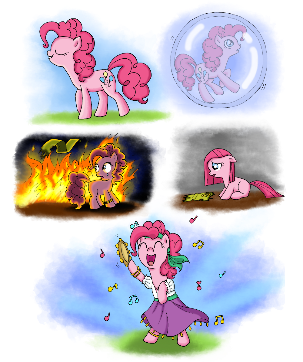 blue_eyes clothed clothing dress equine eyes_closed female fimlie fire friendship_is_magic gypsy hair happy horse mammal music musical_instrument my_little_pony navel open_mouth pink_hair pinkie_pie_(mlp) pony sad solo song tambourine young
