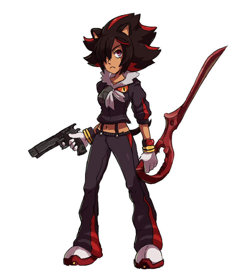 black_hair color_connection dual_wielding fusion gloves gun hair_over_one_eye handgun holding kill_la_kill look-alike matoi_ryuuko midriff multicolored_hair navel pants pistol red_eyes red_hair reverse_grip scissor_blade senketsu shadow_the_hedgehog shadow_the_hedgehog_(game) shoes short_hair sneakers solo sonic_the_hedgehog sonicboomjhc spiked_hair suspenders tan two-tone_hair weapon white_gloves