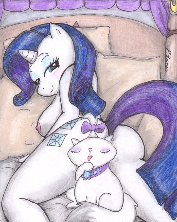 anthrofied areola back_turned bed blue_eyes bow breasts butt cat cutie_mark equine feline female friendship_is_magic fur grooming hair horn horse looking_at_viewer lying mammal my_little_pony nipples opalescence_(mlp) paul_lucas pillow pony purple_hair raised_tail rarity_(mlp) side_boob signature smile tongue tongue_out unicorn white_fur