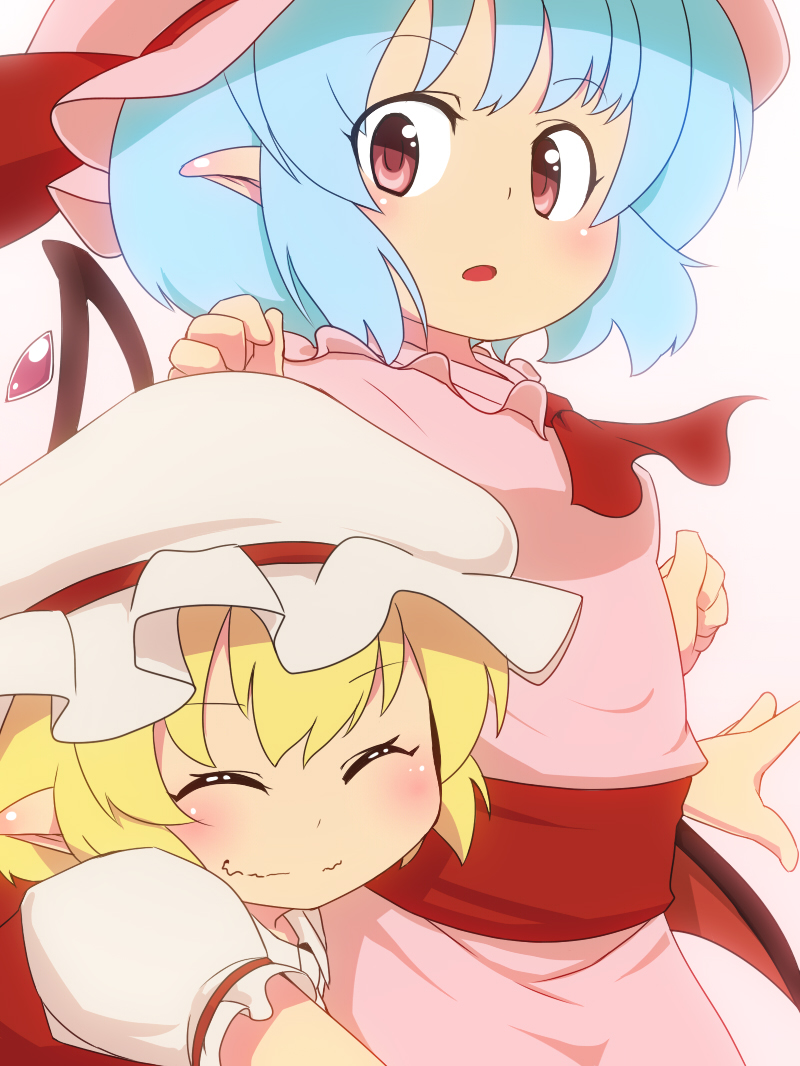 bad_id bad_pixiv_id bat_wings blonde_hair blue_hair closed_eyes dress flandre_scarlet hat hat_ribbon mantarou_(shiawase_no_aoi_tori) mob_cap multiple_girls open_mouth pink_dress pink_eyes pointy_ears puffy_sleeves red_dress remilia_scarlet ribbon sash shirt short_sleeves siblings simple_background sisters smile tackle touhou wavy_mouth white_background wings