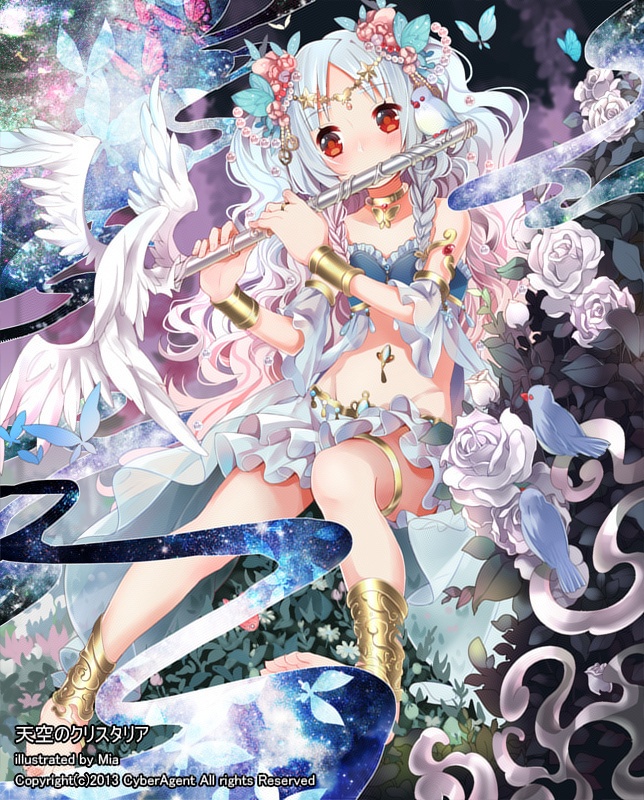 anklet bare_shoulders barefoot bell bird blue_hair bug bunny butterfly flower flute hair_flower hair_ornament insect instrument jewelry jingle_bell long_hair mia0309 music nature navel playing_instrument red_eyes rose sitting skirt solo tenkuu_no_crystalia twintails wings