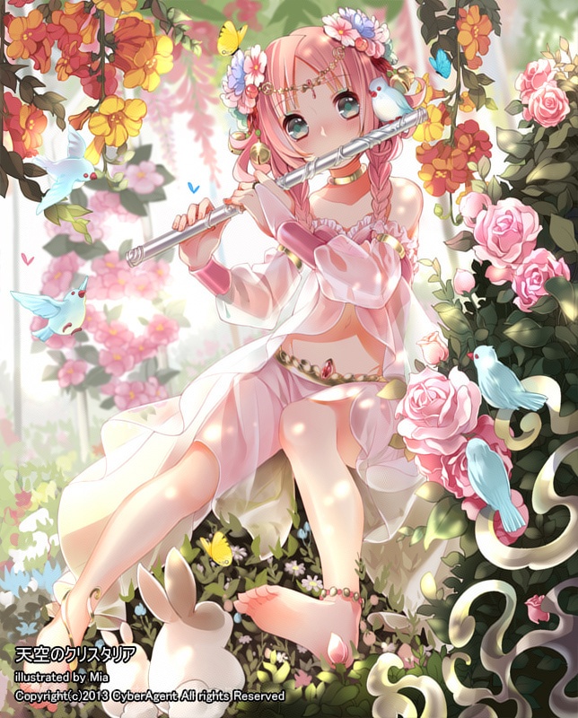 anklet bare_shoulders barefoot bell bird bunny flower flute green_eyes hair_flower hair_ornament instrument jewelry jingle_bell long_hair looking_at_viewer mia0309 music nature navel pink_hair playing_instrument rose sitting skirt solo tenkuu_no_crystalia twintails