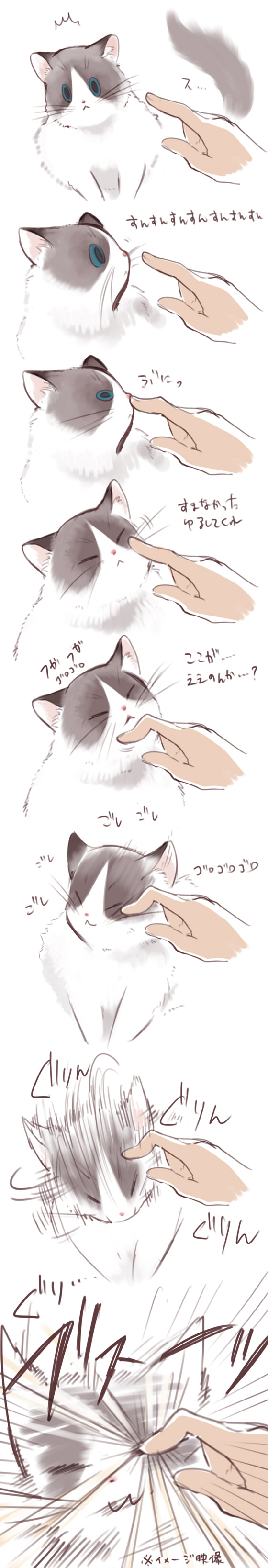 animal cat cat_focus commentary_request eye_poke hanokage highres long_image nuzzle original out_of_frame petting poking simple_background smelling speech_bubble surprised talking tall_image text_focus white_background