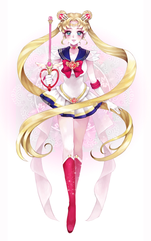 back_bow bishoujo_senshi_sailor_moon blonde_hair blue_sailor_collar boots bow brooch bud89 choker double_bun elbow_gloves full_body gloves green_eyes hair_ornament hairpin heart heart_choker holding holding_wand jewelry kaleidomoon_scope knee_boots long_hair magical_girl multicolored multicolored_clothes multicolored_skirt red_bow ribbon sailor_collar sailor_moon sailor_senshi_uniform skirt smile solo super_sailor_moon tiara tsukino_usagi twintails wand white_gloves