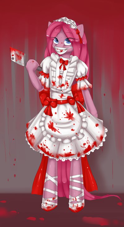 blood blood_splatter blue_eyes bow cleaver clothing dress equine female feral friendship_is_magic fur hair hair_over_eye hair_over_eyes horse knife long_hair looking_at_viewer mammal mask medical_mask misukitty my_little_pony pink_fur pink_hair pinkamena_(mlp) pinkie_pie_(mlp) pony shoes solo standing weapon