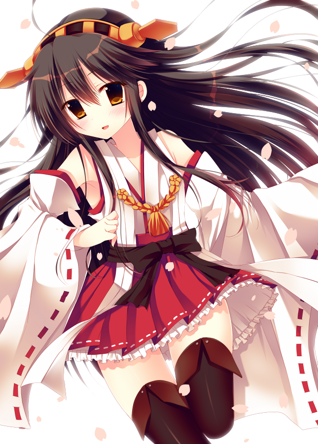 bad_id bad_pixiv_id bare_shoulders black_hair black_legwear blush boots brown_eyes cherry_blossoms detached_sleeves frilled_skirt frills hairband haruna_(kantai_collection) hasune japanese_clothes kantai_collection long_hair looking_at_viewer nontraditional_miko open_mouth ribbon-trimmed_sleeves ribbon_trim skirt solo thigh_boots thighhighs zettai_ryouiki