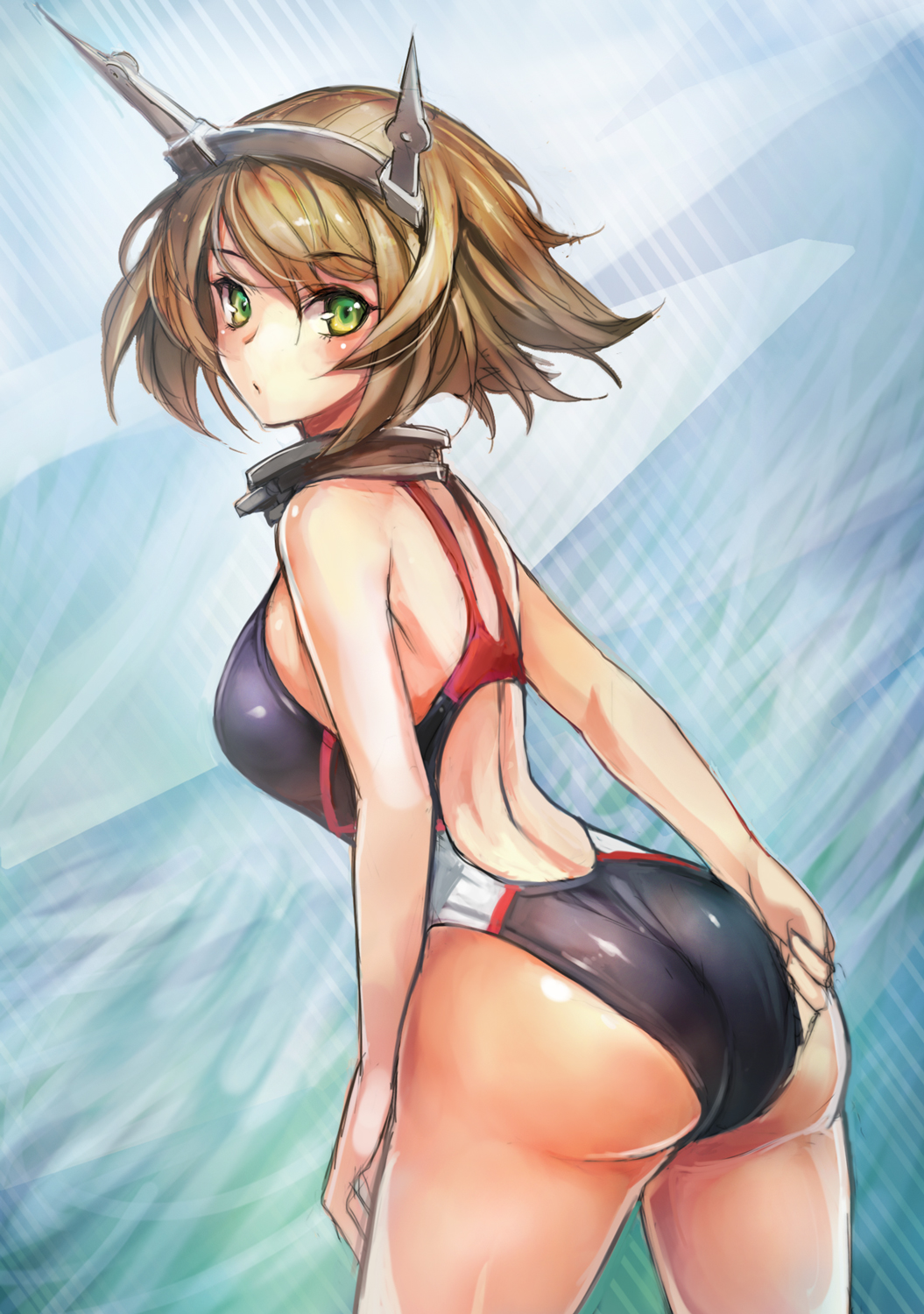 adjusting_clothes adjusting_swimsuit ass backless_outfit bare_shoulders breasts brown_hair competition_swimsuit green_eyes highres kantai_collection looking_at_viewer looking_back medium_breasts mutsu_(kantai_collection) one-piece_swimsuit short_hair solo swimsuit taishi_(picchiridou)