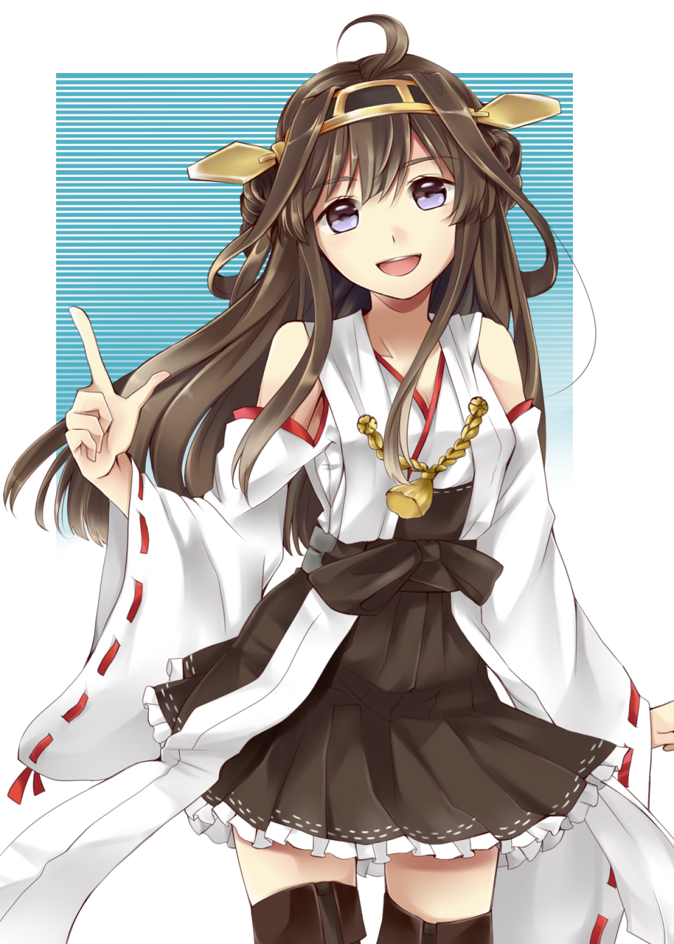 :d bare_shoulders black_legwear blue_eyes blush boots brown_hair detached_sleeves double_bun frilled_skirt frills hair_ornament hairband headgear highres japanese_clothes kantai_collection kongou_(kantai_collection) long_hair nontraditional_miko open_mouth ribbon-trimmed_sleeves ribbon_trim richard_(ri39p) skirt smile solo thigh_boots thighhighs zettai_ryouiki