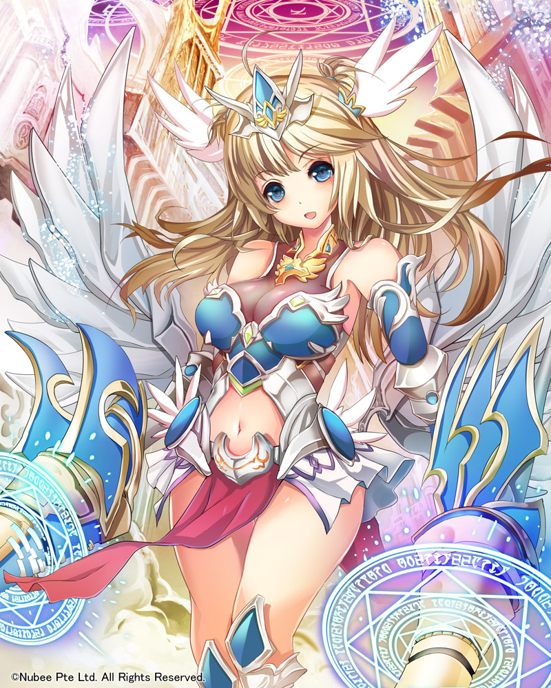 blonde_hair blue_eyes breasts cleavage large_breasts long_hair looking_at_viewer magic_circle navel octagram open_mouth original solo suoni_(deeperocean) thighs wings