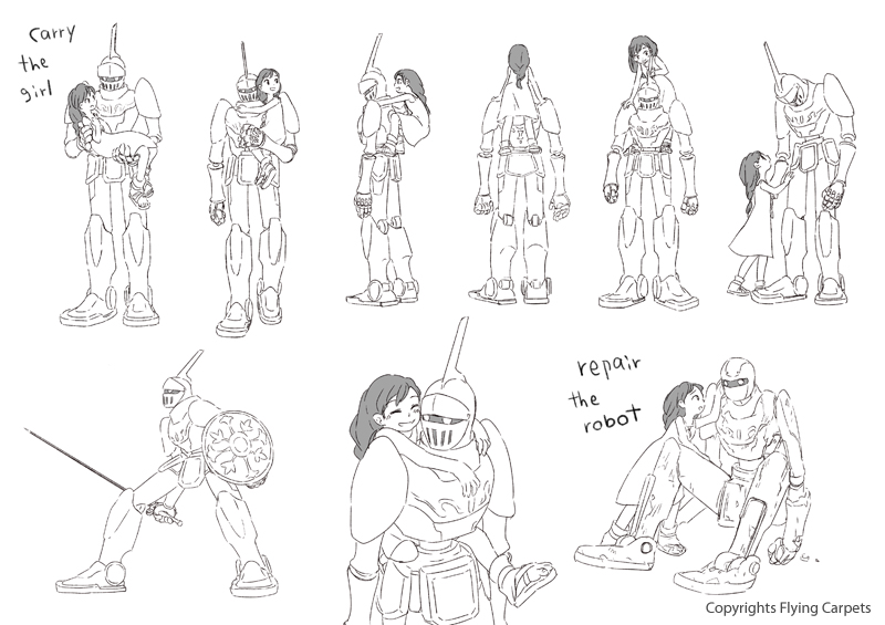 armor carrying closed_eyes dress english height_difference helmet jewelry long_hair looking_at_another looking_down looking_up monaka_(siromona) monochrome necklace open_mouth piggyback robot shield sitting smile solo standing sword the_girl_(gnr) the_girl_and_the_robot the_robot_(gnr) weapon
