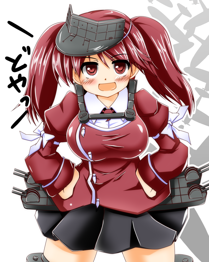 alternate_breast_size breasts hands_on_hips hat kantai_collection large_breasts looking_at_viewer machinery open_mouth red_eyes red_hair ribbon ryuujou_(kantai_collection) seisei solo translated turret twintails