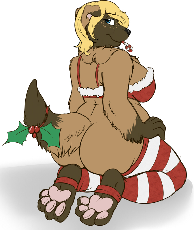 anuvia big_breasts blonde_hair blue_eyes breasts brown_fur butt candy_cane canine christmas christmas_outfit chubby cute dog female fen-fen fur hair holidays kneeling leonberger mammal mistletoe scarlett_(fen-fen) solo