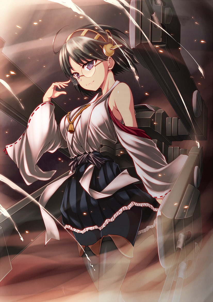 bad_id bad_pixiv_id bare_shoulders big_wednesday black_hair black_legwear blue_eyes blush boots breasts cannon detached_sleeves glasses hairband japanese_clothes kantai_collection kirishima_(kantai_collection) medium_breasts nontraditional_miko pantyhose short_hair skirt smile solo thigh_boots thighhighs turret