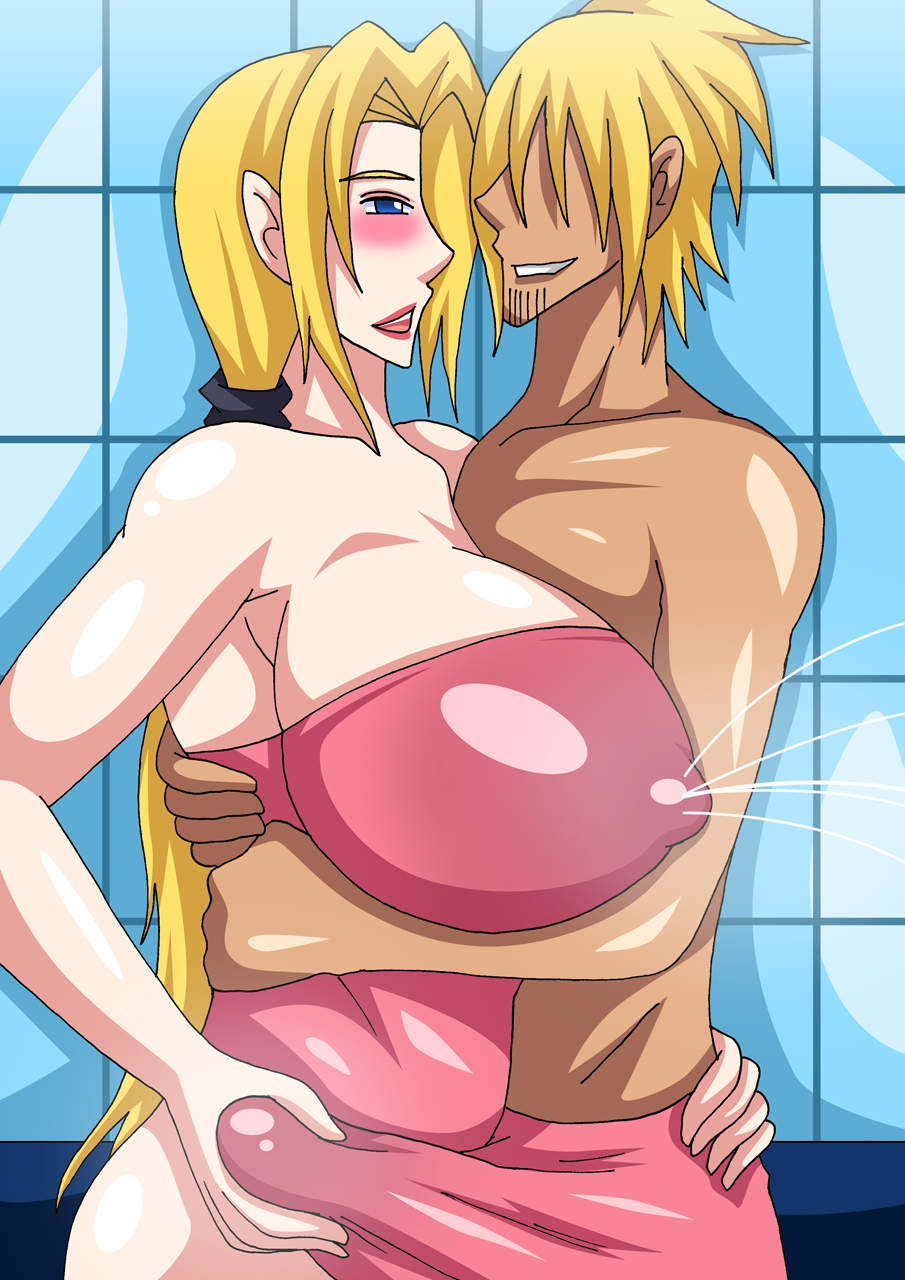 areolae blonde_hair blue_eyes breasts covered_nipples erect_nipples fire_tiger highres huge_breasts lactation large_breasts penis precum wide_hips