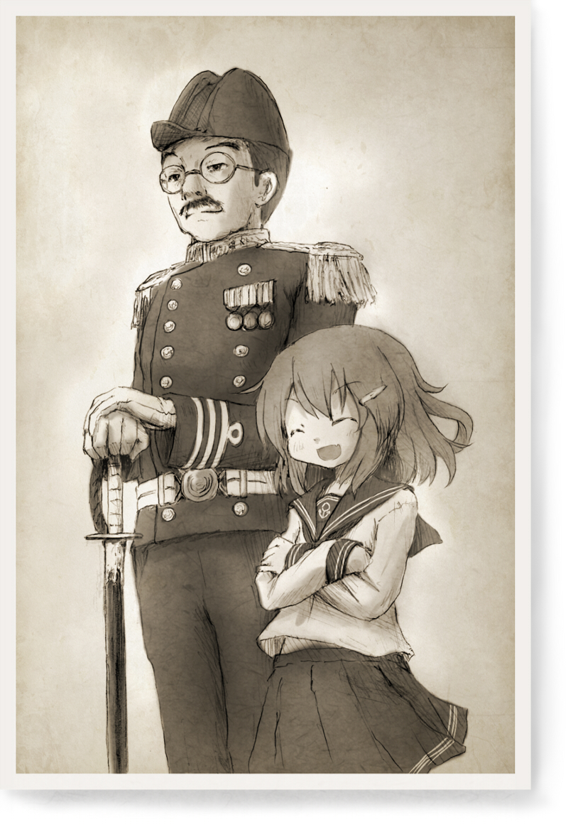 arinu facial_hair glasses hat ikazuchi_(kantai_collection) kantai_collection kudou_shunsaku long_sleeves monochrome mustache pleated_skirt school_uniform serafuku short_hair skirt sword weapon