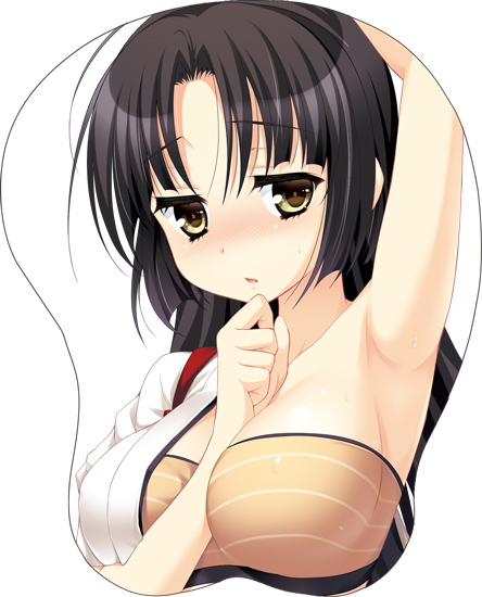 arm_up armpits between_breasts black_hair blush breast_mousepad breasts hadanugi_dousa hand_between_breasts hand_on_own_chin japanese_clothes kantai_collection katagiri_chisato large_breasts long_hair looking_at_viewer mousepad off_shoulder open_mouth shouhou_(kantai_collection) single_bare_shoulder solo white_background yellow_eyes