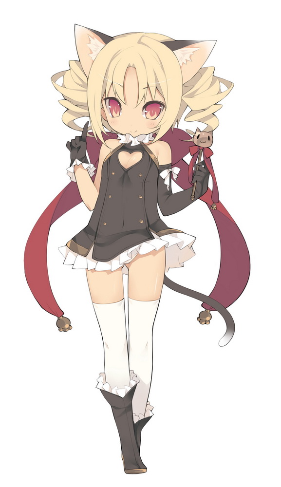 animal_ears blonde_hair blush cat_ears cat_tail drill_hair full_body heart_cutout looking_at_viewer original red_eyes saru simple_background smile solo tail thighhighs twin_drills twintails vivi_(saru) white_background white_legwear zettai_ryouiki