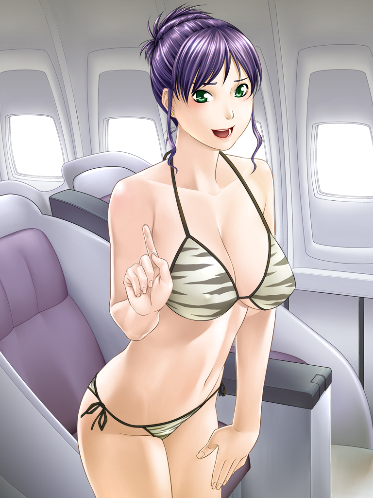 1girl airplane airplane_interior bare_shoulders bikini blush breasts cleavage earrings green_eyes highres jewelry large_breasts legs looking_at_viewer navel nightmare_express open_mouth purple_hair seat short_hair solo standing stewardess sunlight swimsuit thighs window