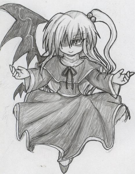 asymmetrical_wings capelet dress flying full_body hair_bobbles hair_ornament kouma_bonmaid long_sleeves looking_at_viewer monochrome ribbon shaded_face shinki side_ponytail single_wing touhou touhou_(pc-98) wings