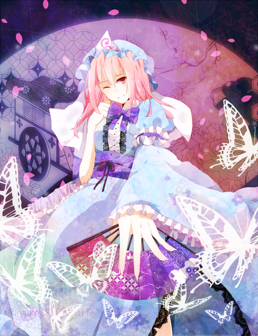 asymmetrical_clothes bow bug butterfly character_name cherry_blossoms dress fan flower folding_fan frills goshoguruma hat holding hourai_ninjin insect japanese_clothes lace lace-trimmed_dress one_eye_closed petals pink_hair red_eyes ribbon saigyouji_yuyuko saigyouji_yuyuko's_fan_design shippou_(pattern) short_hair smile solo touhou triangular_headpiece