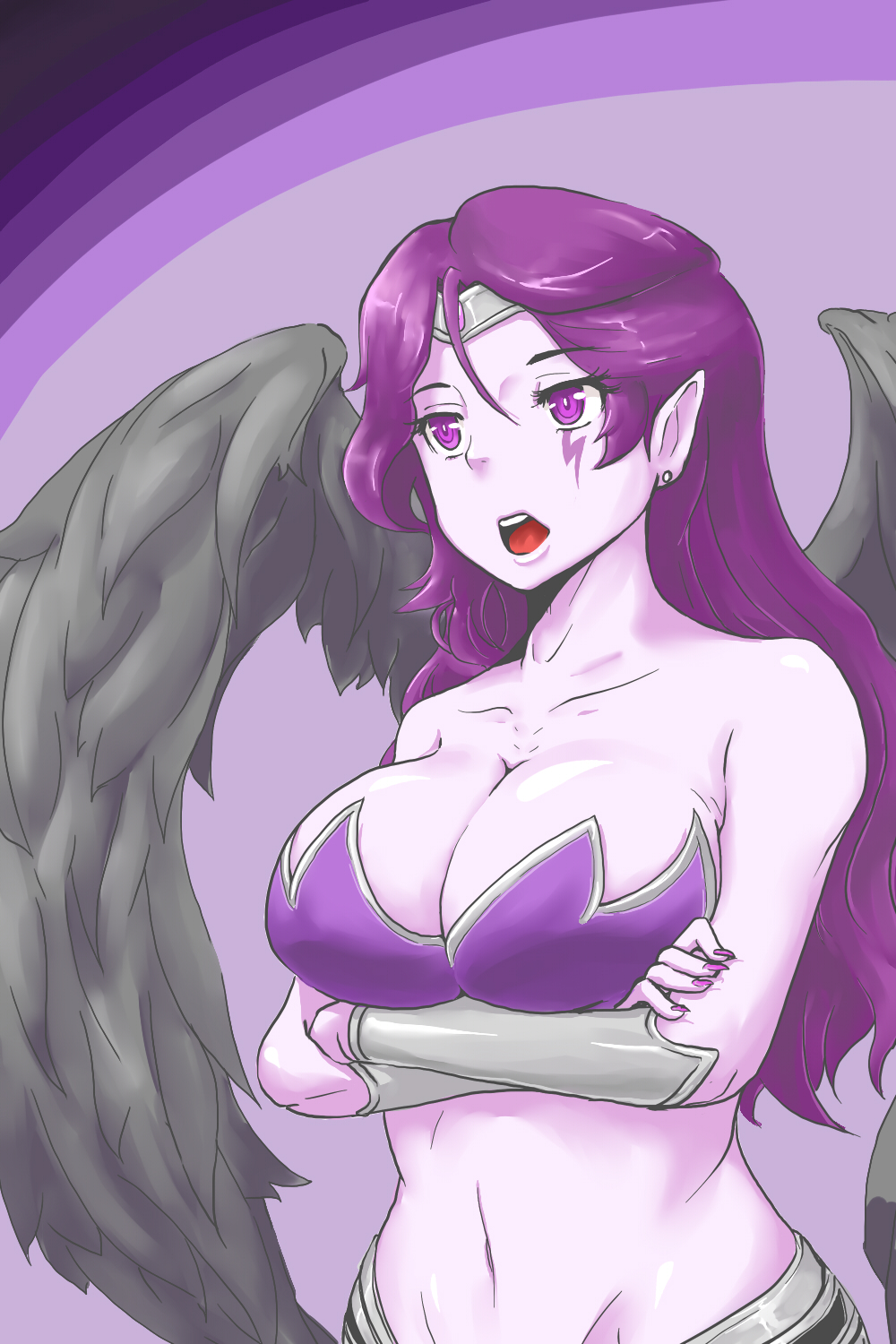 bare_shoulders black_wings breasts circlet cleavage crossed_arms earrings highres jewelry large_breasts league_of_legends morgana navel open_mouth purple_eyes purple_hair solo trombe wings