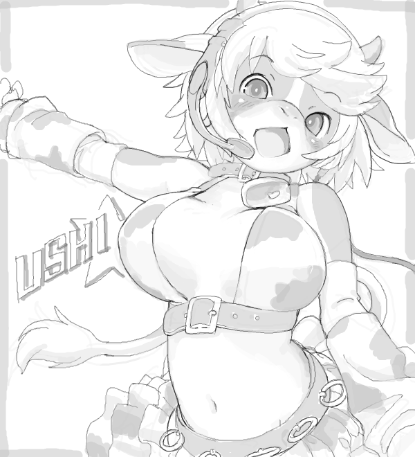 &#12365;&#12367;&#12425;&#12370; ???? arm_warmers belt black_and_white blush bovine breasts cattle clothing collar cowbell female fur hair headset horn kikurage long_tail looking_at_viewer mammal monochrome monotone navel open_mouth plain_background ring short_hair skirt solo star straps text ushi white_background