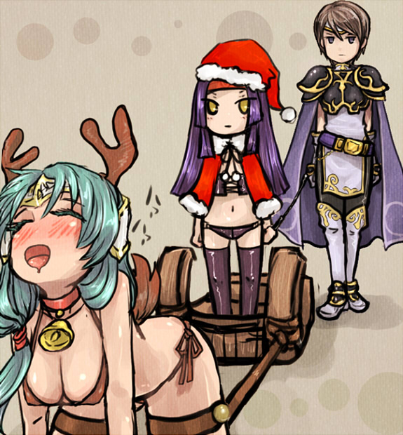 all_fours antlers armor bell bell_collar bikini black_legwear blue_eyes boots breasts brown_hair cape christmas cleavage closed_eyes collar fire_emblem fire_emblem:_akatsuki_no_megami gloves green_hair hanging_breasts hat headband large_breasts long_hair low-tied_long_hair mo_(deciliter) multiple_girls open_mouth purple_hair reindeer_antlers riding_crop sanaki_kirsch_altina santa_hat short_hair shoulder_armor side-tie_bikini sigrun sleigh spaulders swimsuit tail tanith thigh_boots thighhighs yellow_eyes