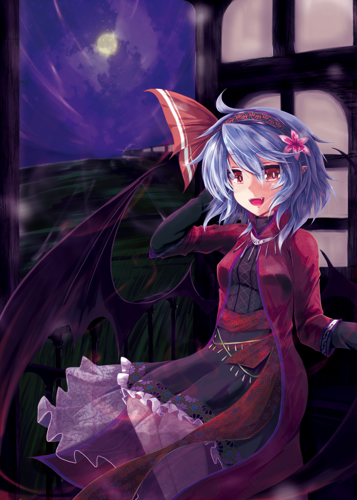 akisome_hatsuka alternate_costume bat_wings black_dress blue_hair coat dress fang flower full_moon ground_vehicle hair_flower hair_ornament hair_ribbon long_sleeves moon night open_clothes open_coat open_mouth red_eyes remilia_scarlet ribbon sitting smile solo touhou train window wings