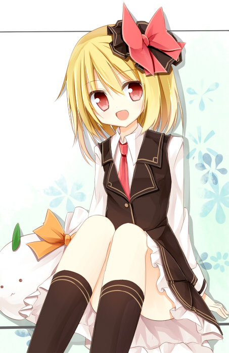 bag black_dress blonde_hair bow dress hair_bow hair_ornament looking_at_viewer necktie open_mouth pink_eyes red_neckwear ribbon rumia shirt sitting smile solo touhou yuuhagi_(amaretto-no-natsu)