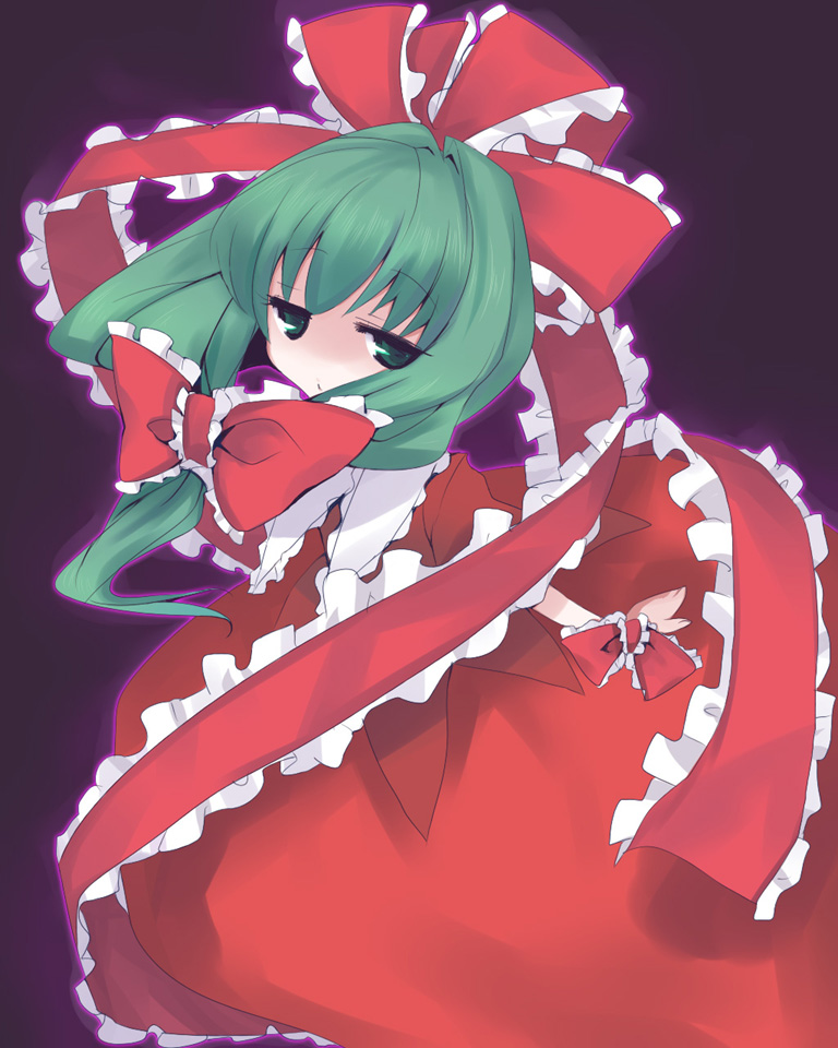 bow frills green_eyes green_hair hair_bow hair_ribbon jitome kagiyama_hina long_hair ribbon solo touhou