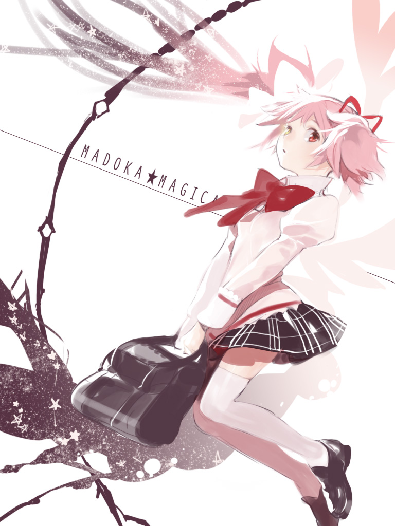 bow_(weapon) do_nko dual_persona heterochromia kaname_madoka mahou_shoujo_madoka_magica pink_hair school_uniform skirt star thighhighs ultimate_madoka universe weapon